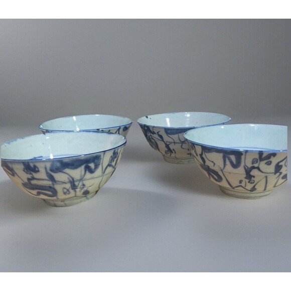"Jing De Gu Yao" Set Of 4 Antique Chinese Blue and White Porcelain Bowls Marked - Picture 1 of 11